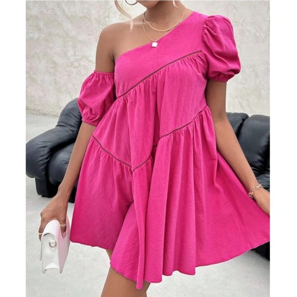 . Dresses & Skirts - Pink Boho Womens Asymmetrical Neck Puff Sleeve Smock Dress